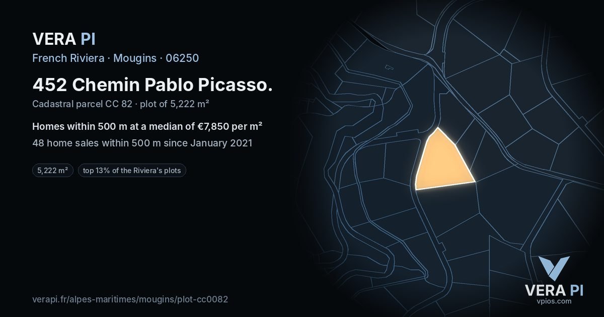 452 Chemin Pablo Picasso, Mougins at night – the plot lit, the parcels around coloured by the prices near them