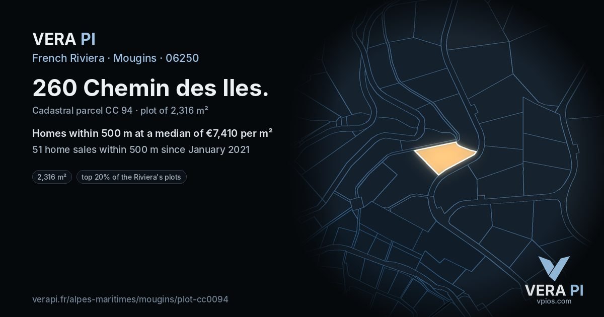 260 Chemin des Iles, Mougins at night – the plot lit, the parcels around coloured by the prices near them
