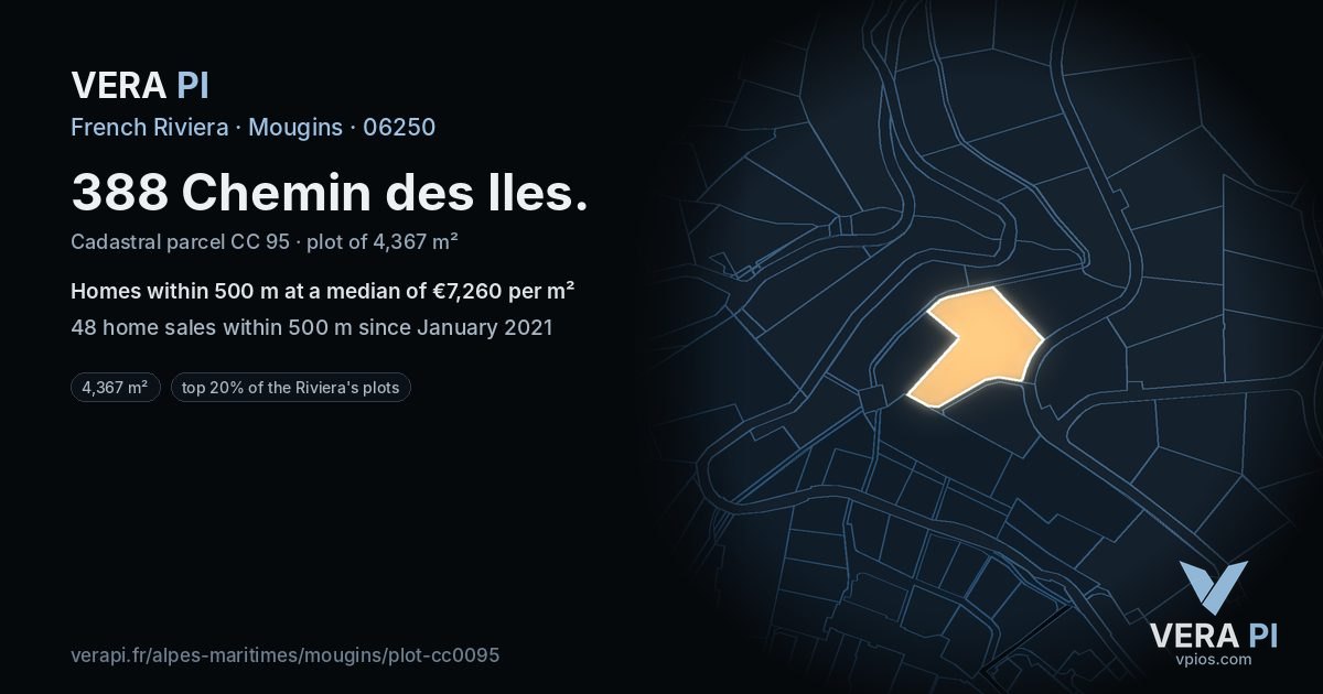 388 Chemin des Iles, Mougins at night – the plot lit, the parcels around coloured by the prices near them
