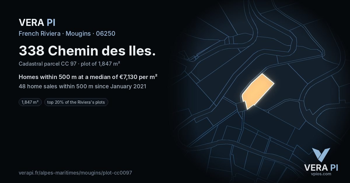 338 Chemin des Iles, Mougins at night – the plot lit, the parcels around coloured by the prices near them