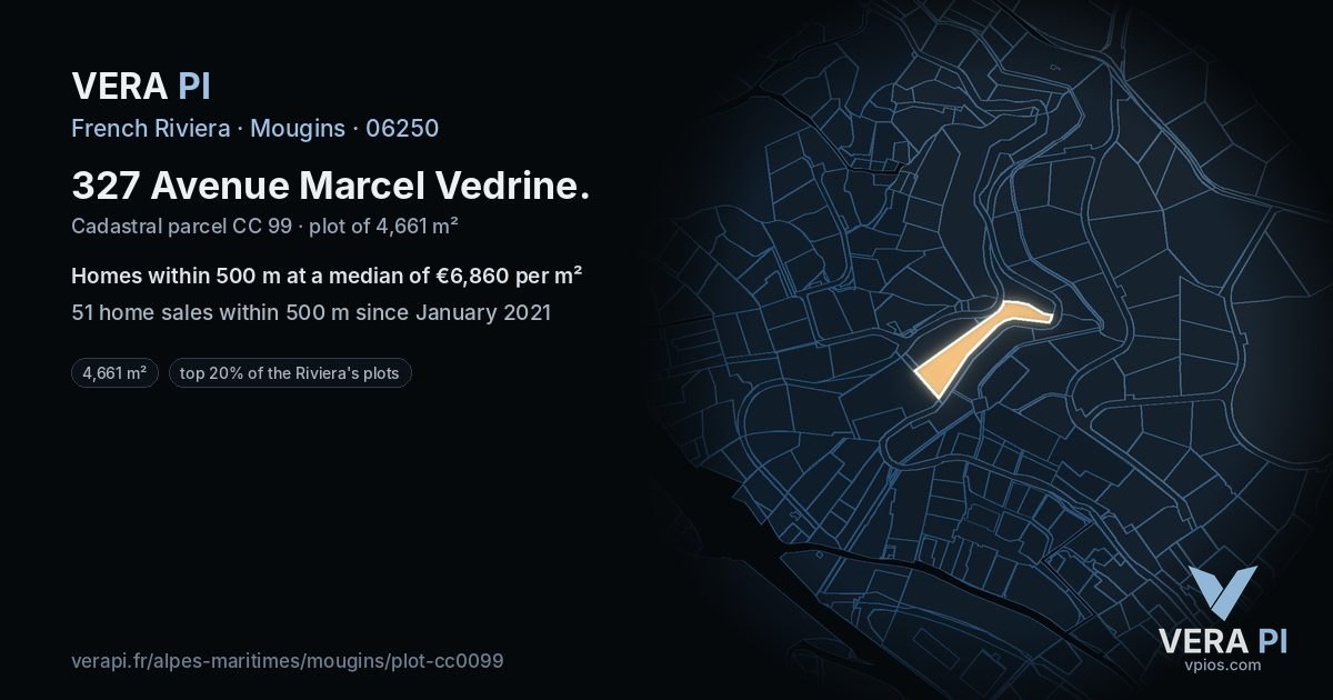 327 Avenue Marcel Vedrine, Mougins at night – the plot lit, the parcels around coloured by the prices near them