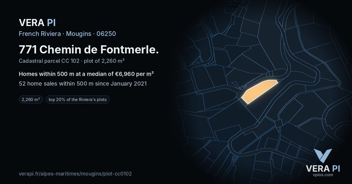 771 Chemin de Fontmerle, Mougins at night – the plot lit, the parcels around coloured by the prices near them