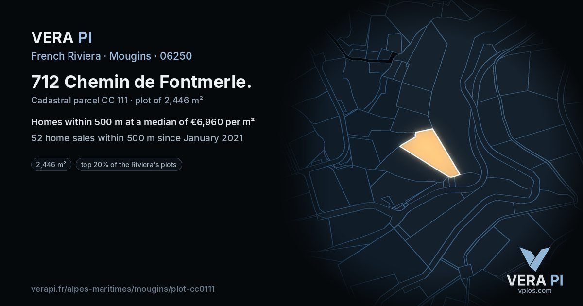 712 Chemin de Fontmerle, Mougins at night – the plot lit, the parcels around coloured by the prices near them