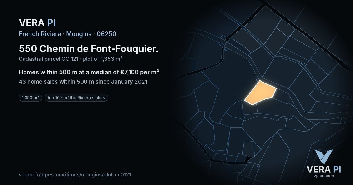 550 Chemin de Font-Fouquier, Mougins at night – the plot lit, the parcels around coloured by the prices near them