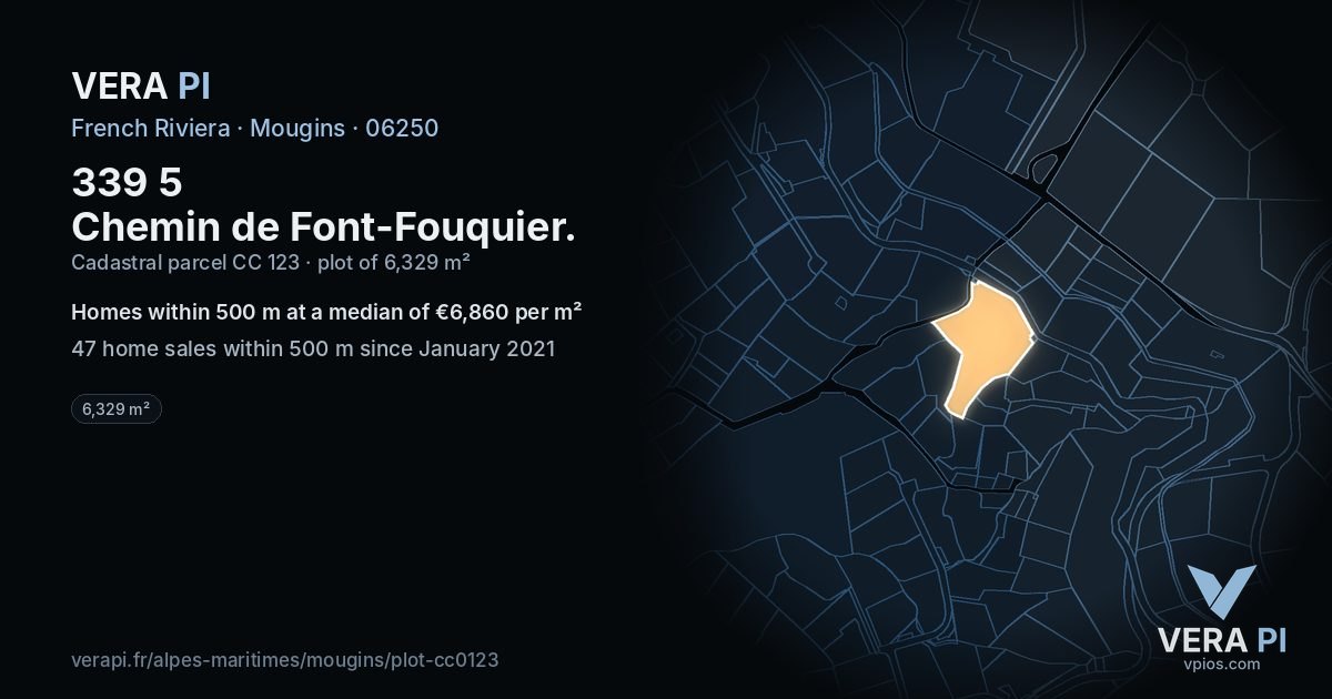339 5 Chemin de Font-Fouquier, Mougins at night – the plot lit, the parcels around coloured by the prices near them