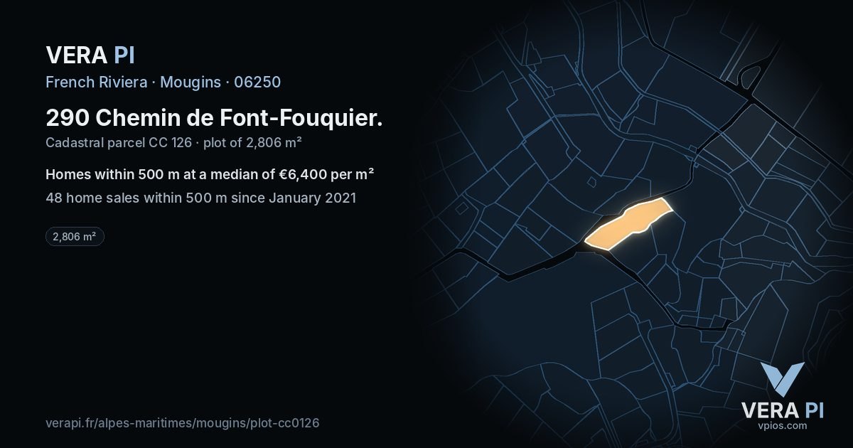 290 Chemin de Font-Fouquier, Mougins at night – the plot lit, the parcels around coloured by the prices near them