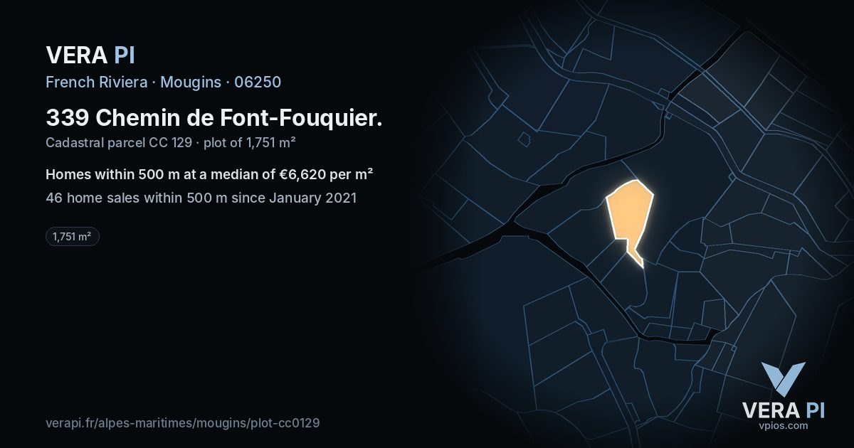 339 Chemin de Font-Fouquier, Mougins at night – the plot lit, the parcels around coloured by the prices near them