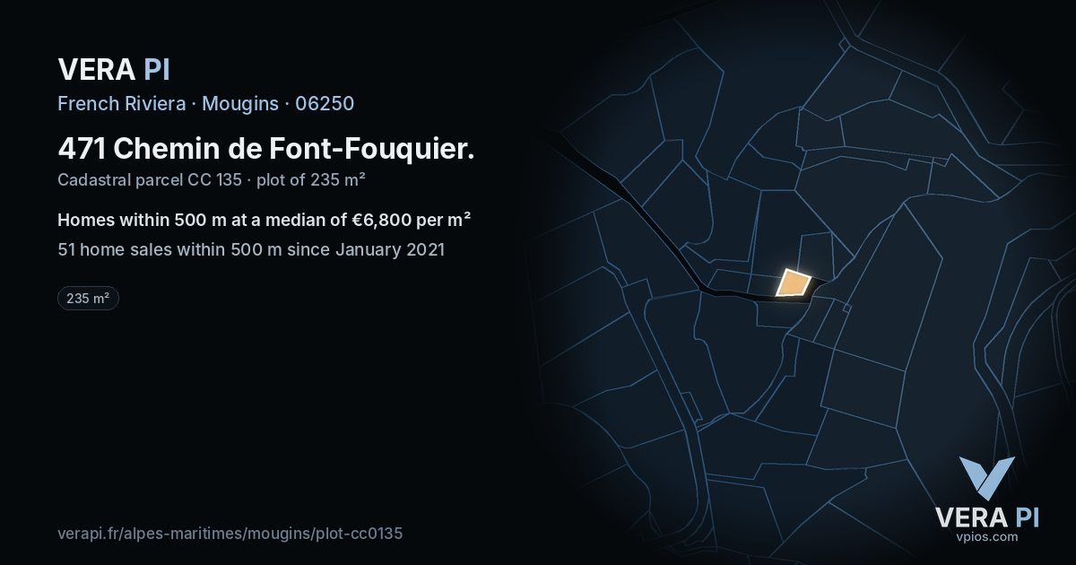 471 Chemin de Font-Fouquier, Mougins at night – the plot lit, the parcels around coloured by the prices near them