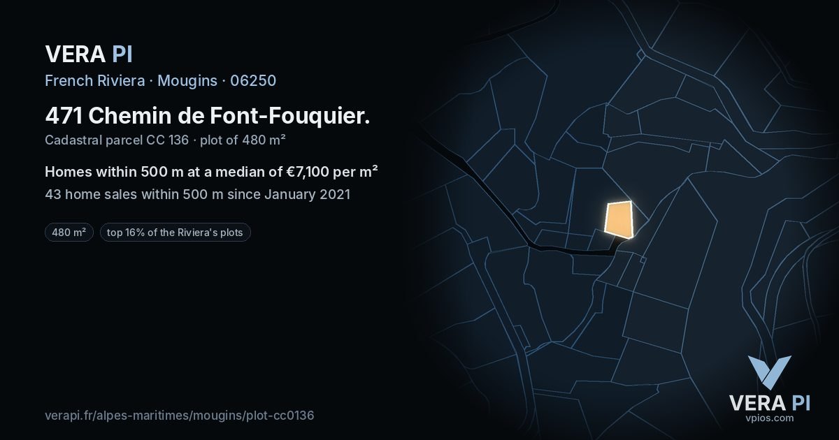 471 Chemin de Font-Fouquier, Mougins at night – the plot lit, the parcels around coloured by the prices near them