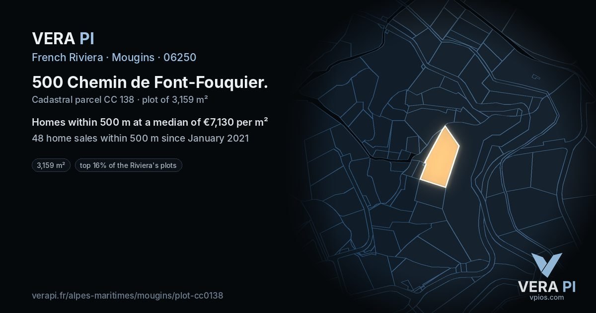 500 Chemin de Font-Fouquier, Mougins at night – the plot lit, the parcels around coloured by the prices near them