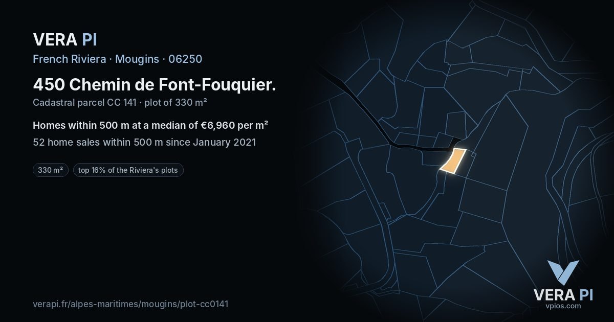 450 Chemin de Font-Fouquier, Mougins at night – the plot lit, the parcels around coloured by the prices near them