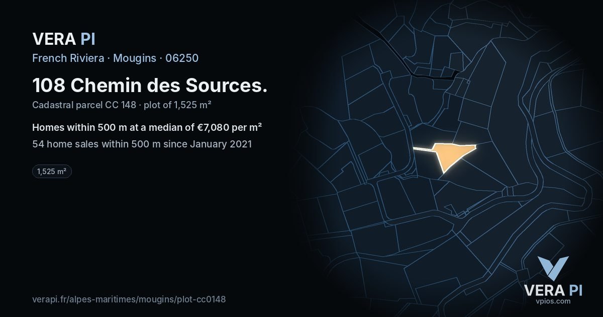 108 Chemin des Sources, Mougins at night – the plot lit, the parcels around coloured by the prices near them
