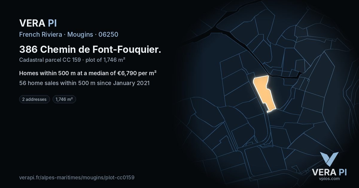 386 Chemin de Font-Fouquier, Mougins at night – the plot lit, the parcels around coloured by the prices near them