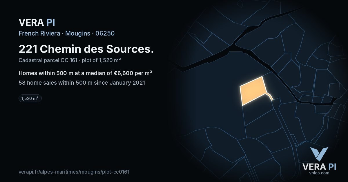 221 Chemin des Sources, Mougins at night – the plot lit, the parcels around coloured by the prices near them