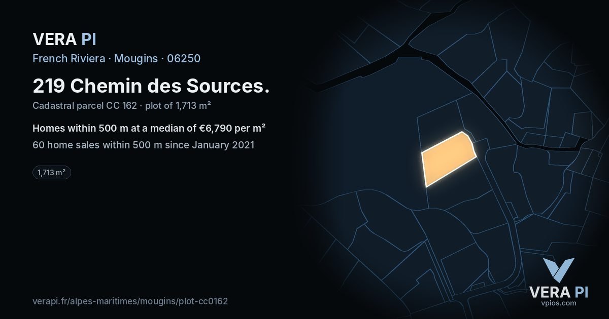 219 Chemin des Sources, Mougins at night – the plot lit, the parcels around coloured by the prices near them