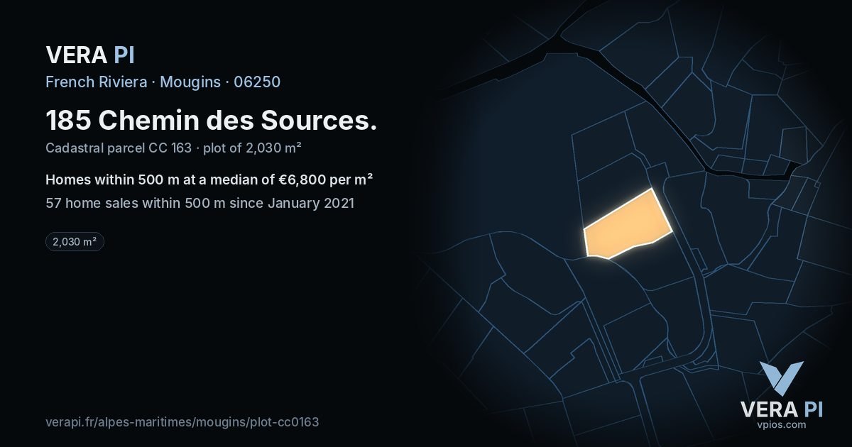 185 Chemin des Sources, Mougins at night – the plot lit, the parcels around coloured by the prices near them
