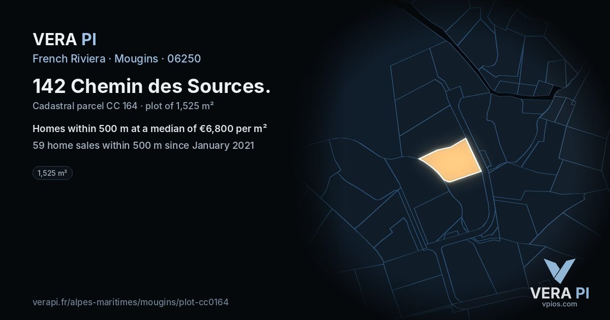 142 Chemin des Sources, Mougins at night – the plot lit, the parcels around coloured by the prices near them