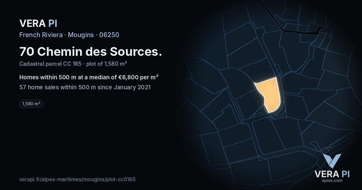 70 Chemin des Sources, Mougins at night – the plot lit, the parcels around coloured by the prices near them