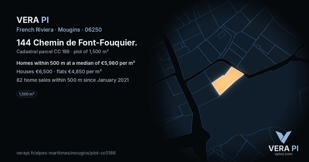 144 Chemin de Font-Fouquier, Mougins at night – the plot lit, the parcels around coloured by the prices near them
