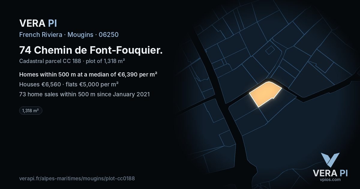 74 Chemin de Font-Fouquier, Mougins at night – the plot lit, the parcels around coloured by the prices near them