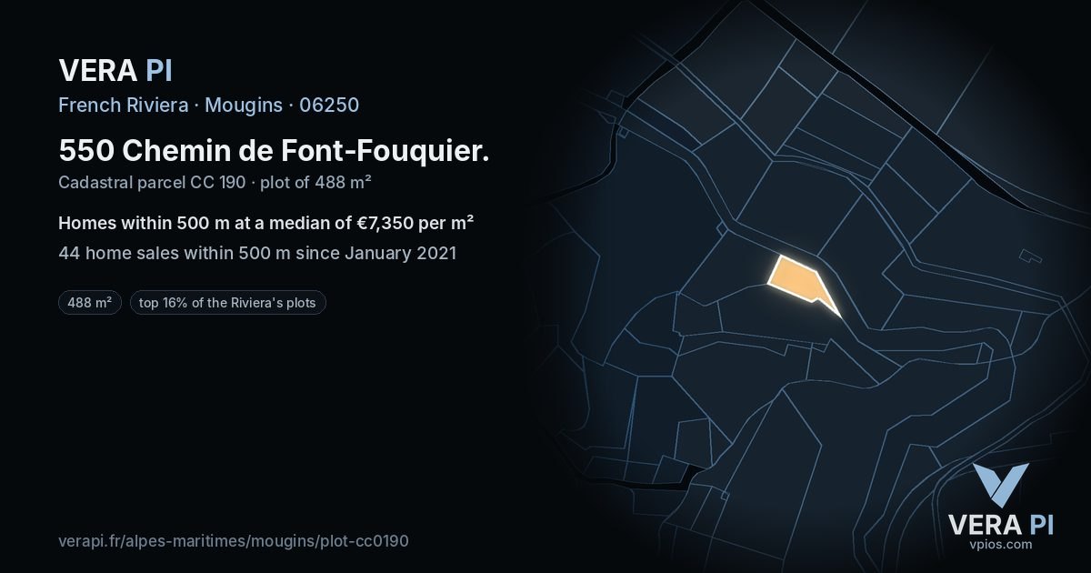 550 Chemin de Font-Fouquier, Mougins at night – the plot lit, the parcels around coloured by the prices near them