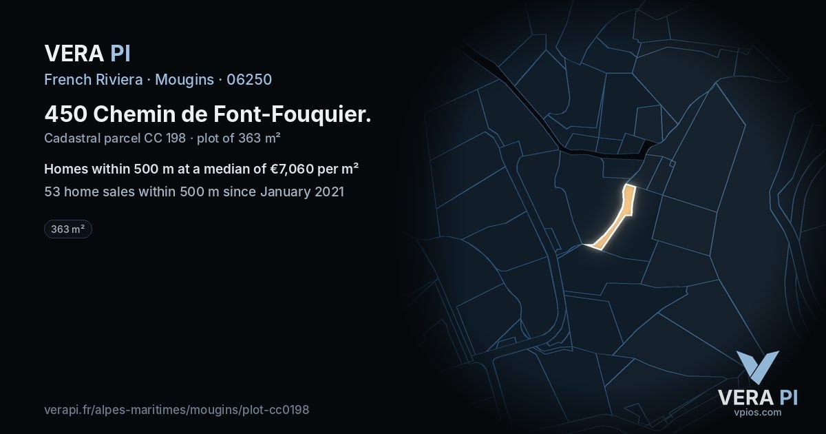 450 Chemin de Font-Fouquier, Mougins at night – the plot lit, the parcels around coloured by the prices near them