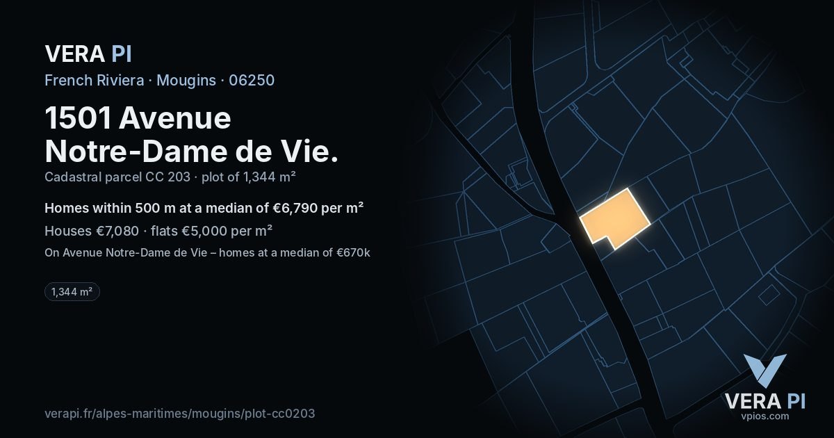 1501 Avenue Notre-Dame de Vie, Mougins at night – the plot lit, the parcels around coloured by the prices near them