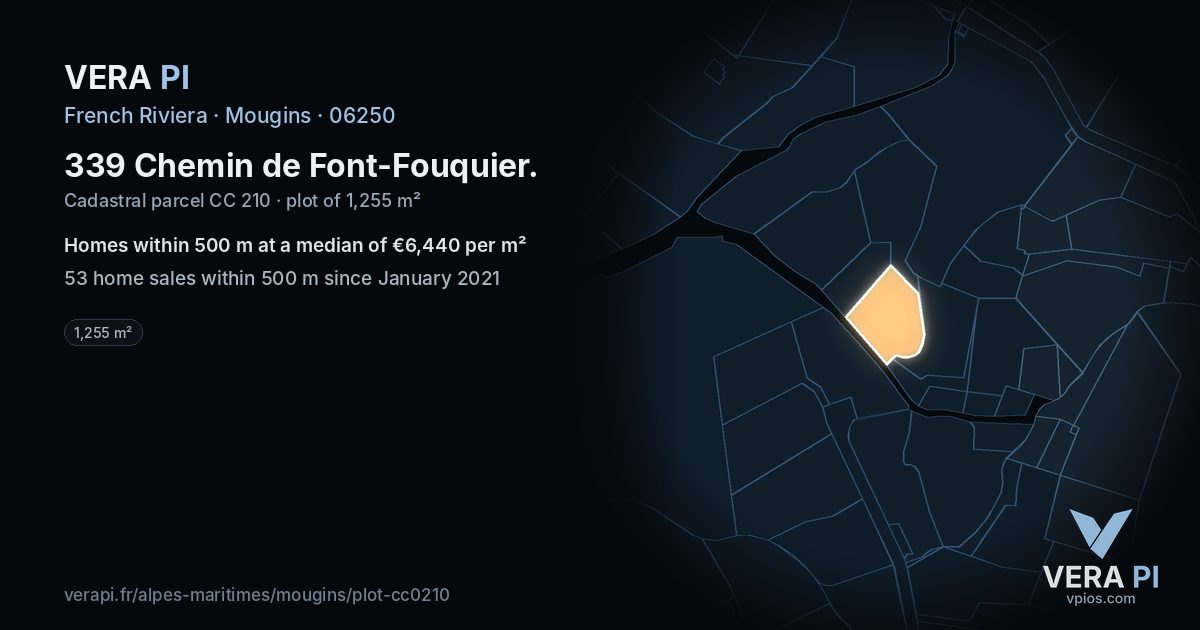 339 Chemin de Font-Fouquier, Mougins at night – the plot lit, the parcels around coloured by the prices near them