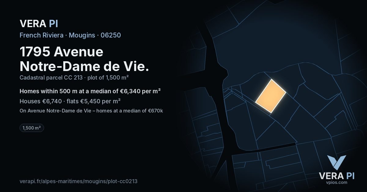 1795 Avenue Notre-Dame de Vie, Mougins at night – the plot lit, the parcels around coloured by the prices near them