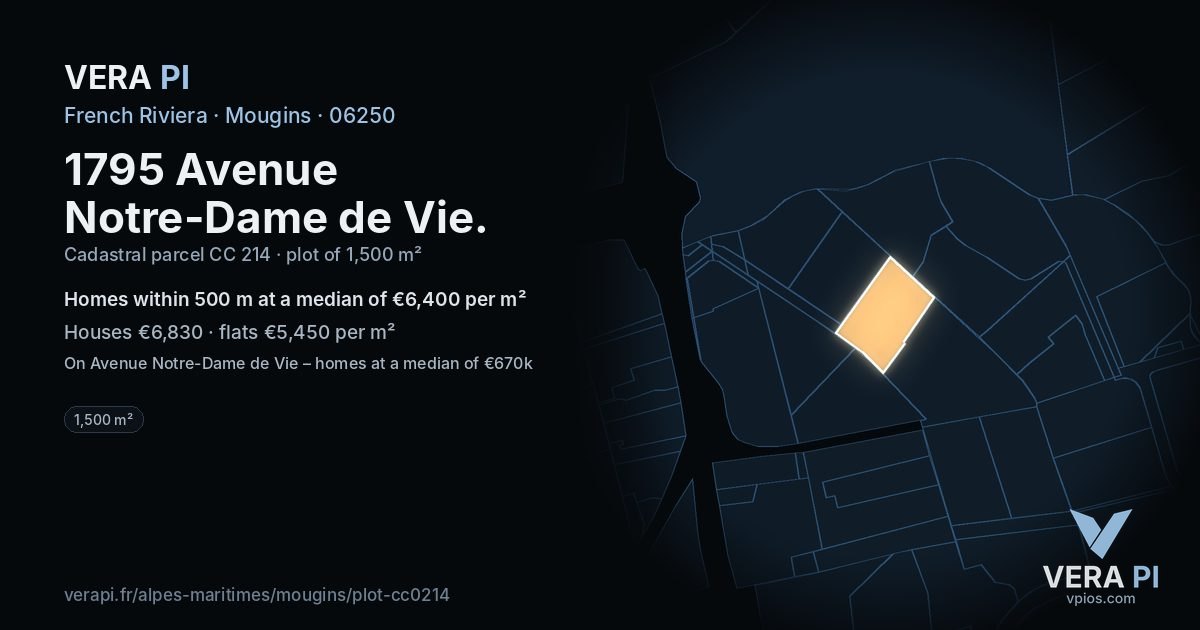 1795 Avenue Notre-Dame de Vie, Mougins at night – the plot lit, the parcels around coloured by the prices near them