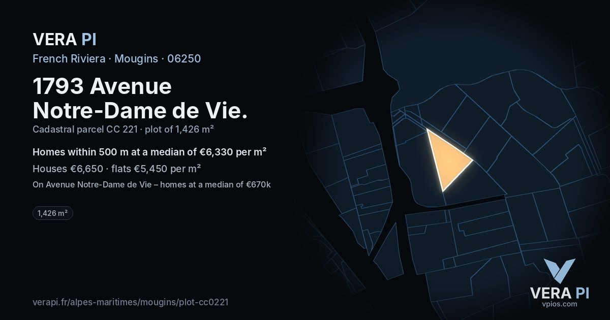 1793 Avenue Notre-Dame de Vie, Mougins at night – the plot lit, the parcels around coloured by the prices near them