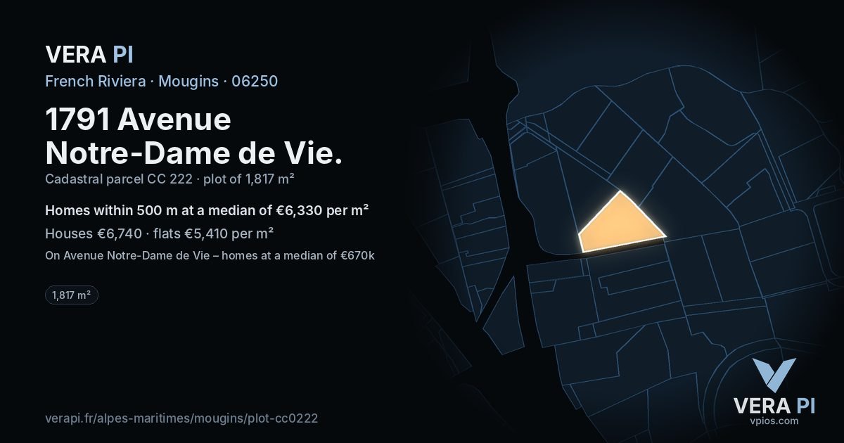1791 Avenue Notre-Dame de Vie, Mougins at night – the plot lit, the parcels around coloured by the prices near them