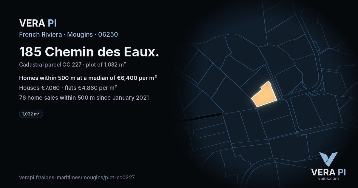 185 Chemin des Eaux, Mougins at night – the plot lit, the parcels around coloured by the prices near them