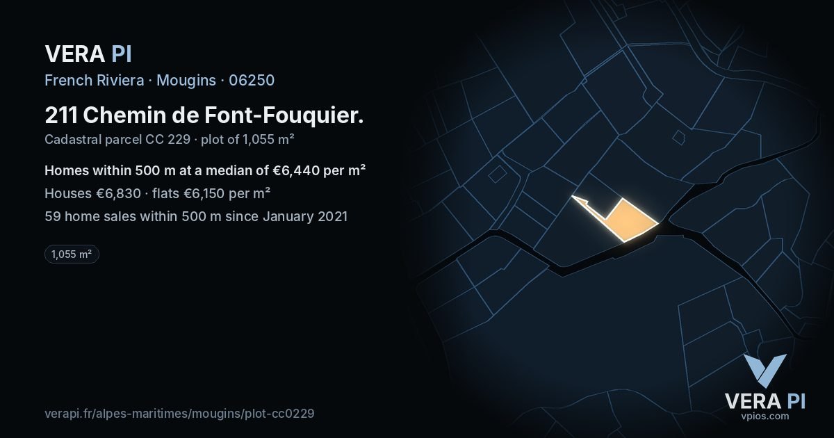 211 Chemin de Font-Fouquier, Mougins at night – the plot lit, the parcels around coloured by the prices near them