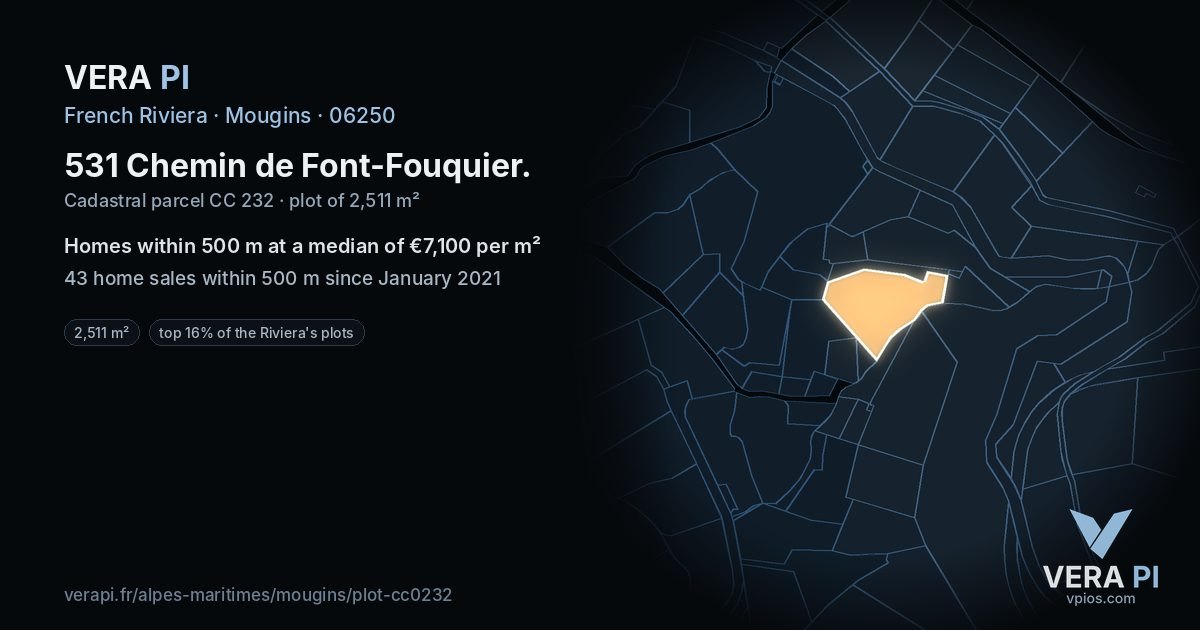 531 Chemin de Font-Fouquier, Mougins at night – the plot lit, the parcels around coloured by the prices near them