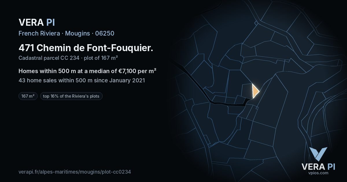471 Chemin de Font-Fouquier, Mougins at night – the plot lit, the parcels around coloured by the prices near them