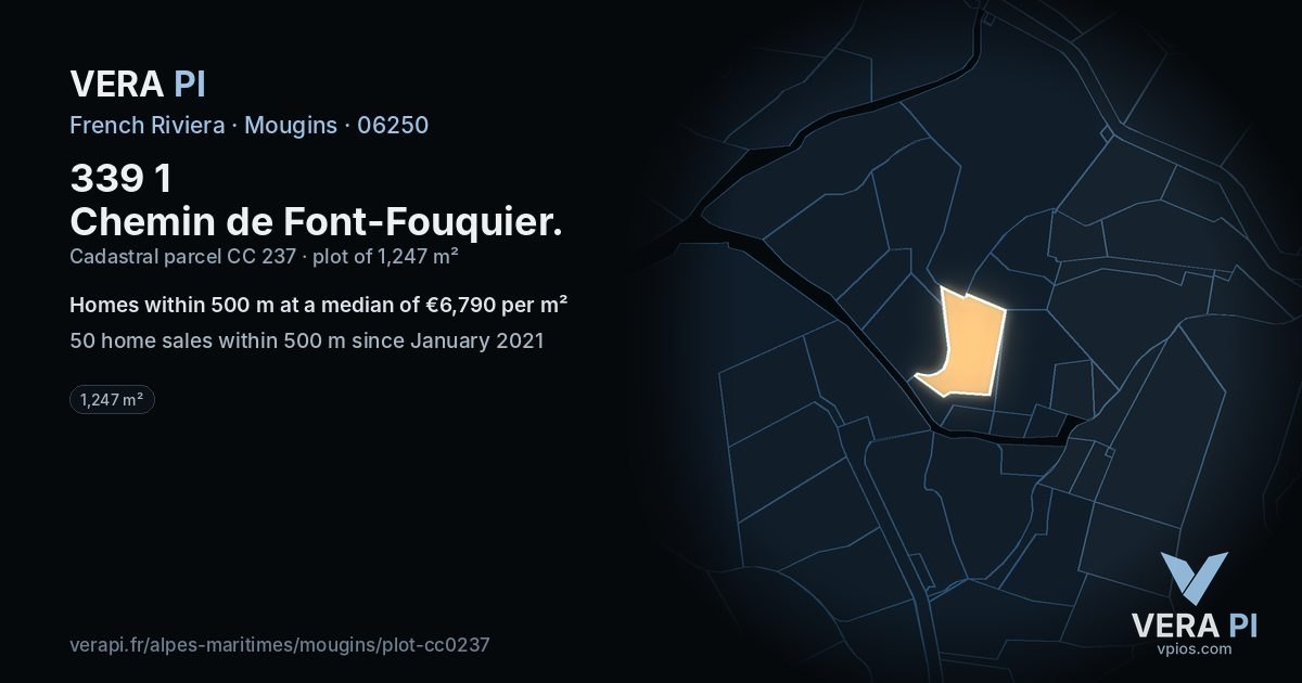 339 1 Chemin de Font-Fouquier, Mougins at night – the plot lit, the parcels around coloured by the prices near them