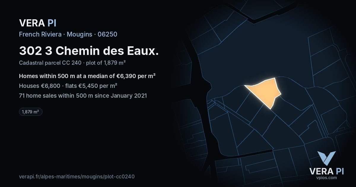 302 3 Chemin des Eaux, Mougins at night – the plot lit, the parcels around coloured by the prices near them