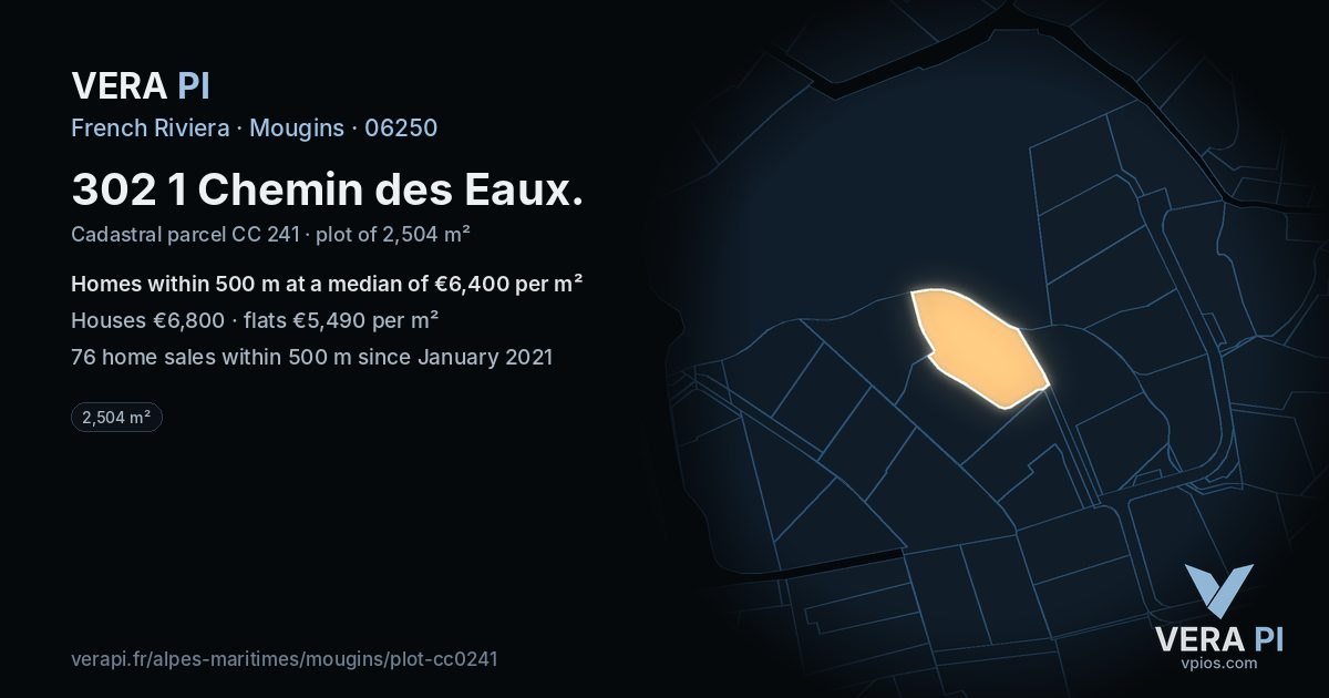 302 1 Chemin des Eaux, Mougins at night – the plot lit, the parcels around coloured by the prices near them
