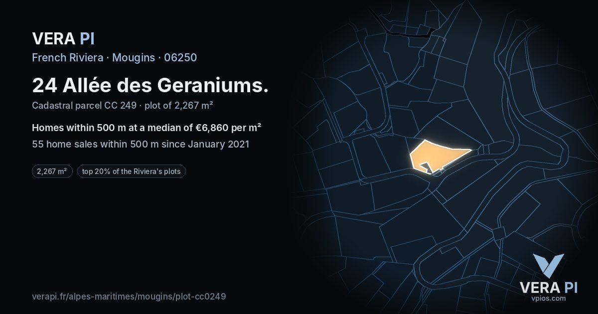 24 Allée des Geraniums, Mougins at night – the plot lit, the parcels around coloured by the prices near them