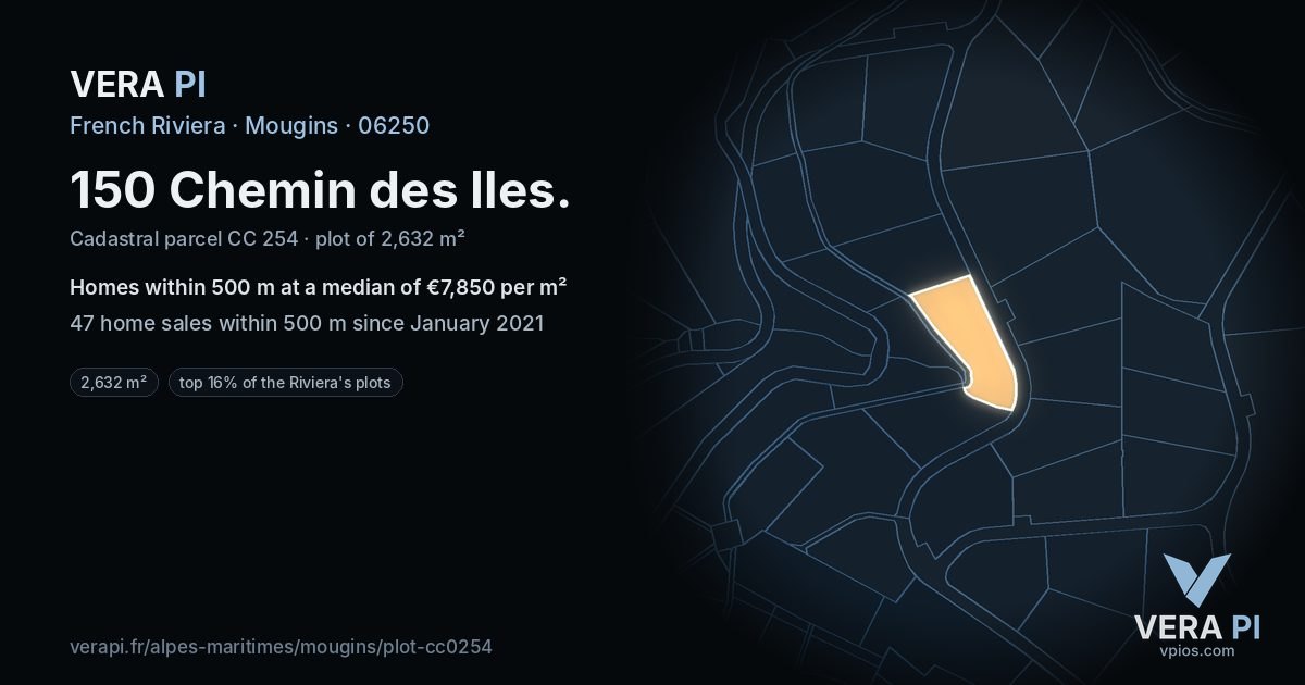 150 Chemin des Iles, Mougins at night – the plot lit, the parcels around coloured by the prices near them