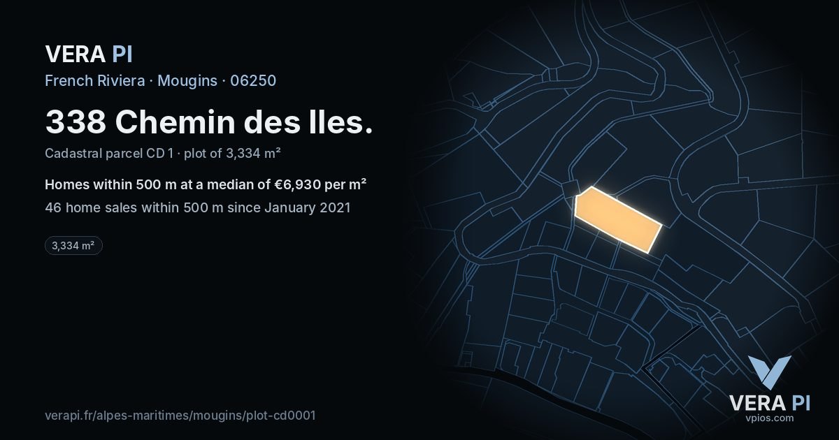 338 Chemin des Iles, Mougins at night – the plot lit, the parcels around coloured by the prices near them