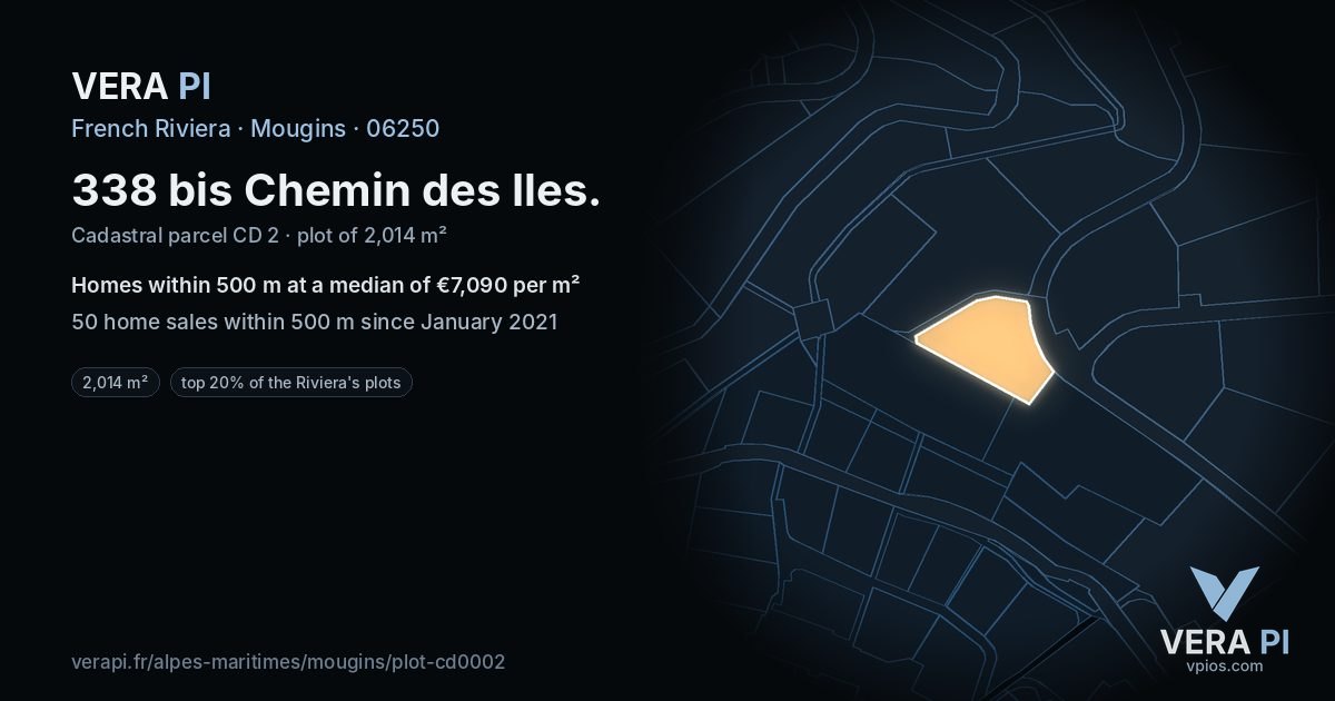 338 bis Chemin des Iles, Mougins at night – the plot lit, the parcels around coloured by the prices near them