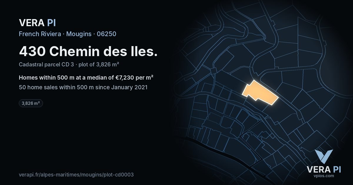 430 Chemin des Iles, Mougins at night – the plot lit, the parcels around coloured by the prices near them