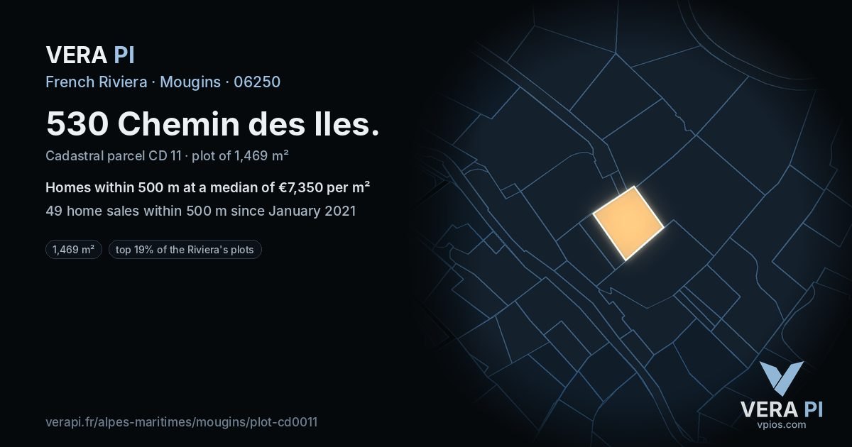 530 Chemin des Iles, Mougins at night – the plot lit, the parcels around coloured by the prices near them