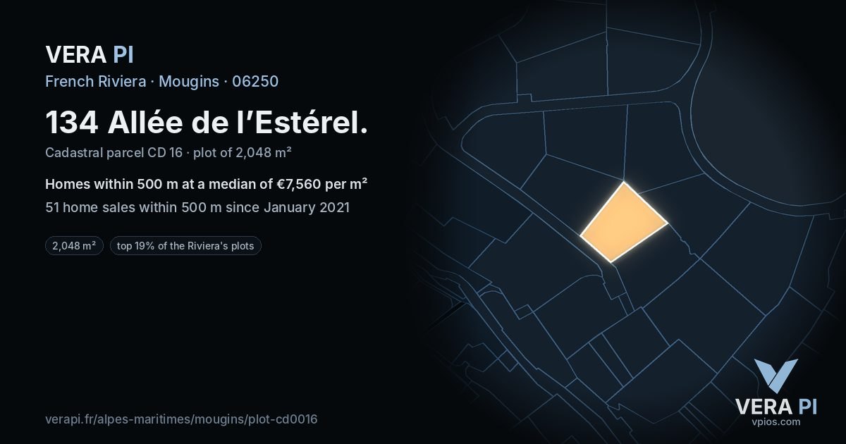 134 Allée de l’Estérel, Mougins at night – the plot lit, the parcels around coloured by the prices near them