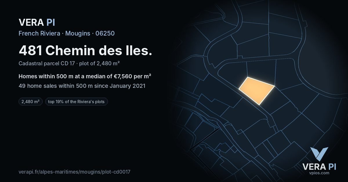 481 Chemin des Iles, Mougins at night – the plot lit, the parcels around coloured by the prices near them