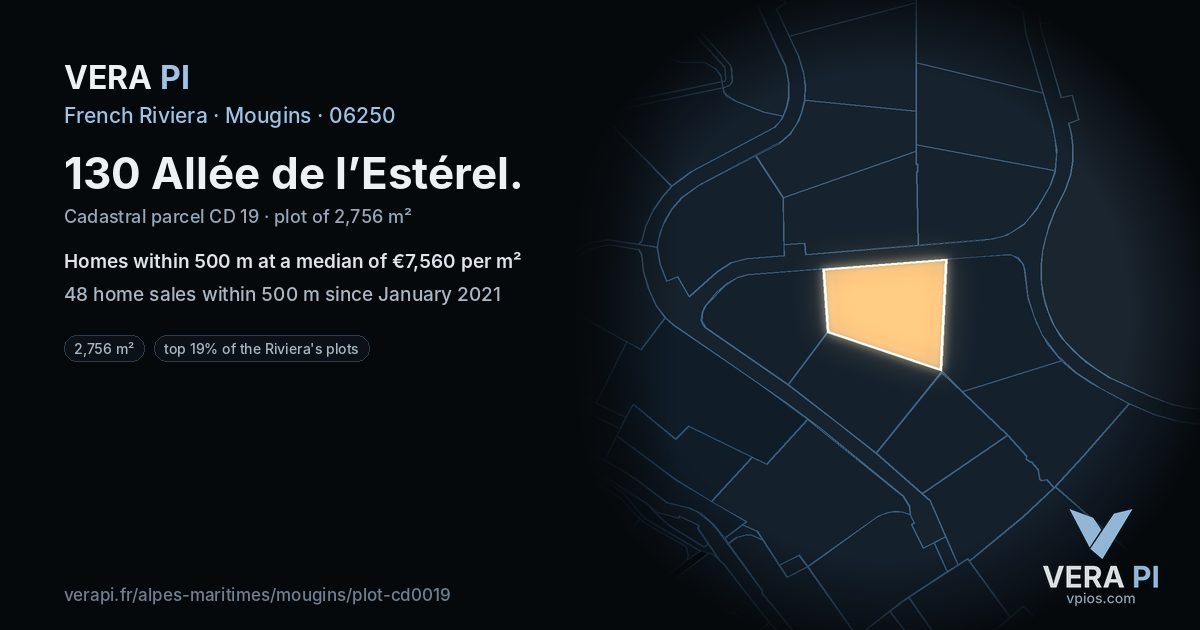 130 Allée de l’Estérel, Mougins at night – the plot lit, the parcels around coloured by the prices near them