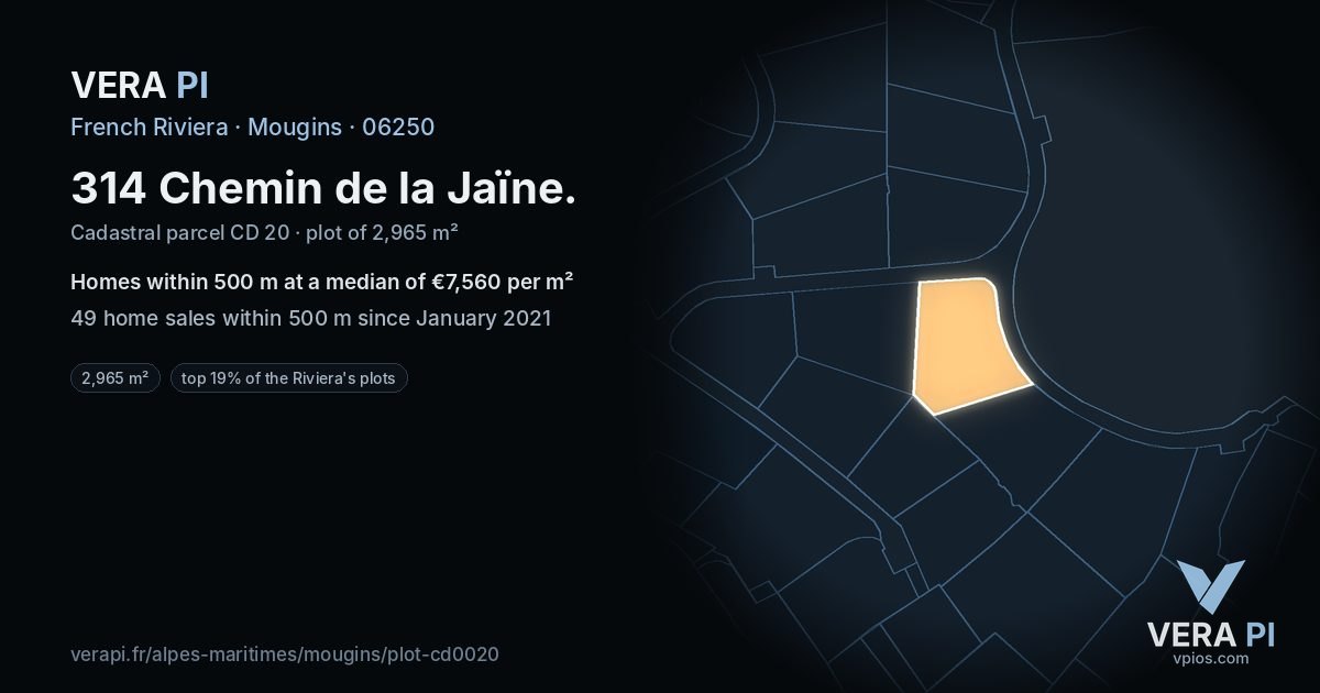 314 Chemin de la Jaïne, Mougins at night – the plot lit, the parcels around coloured by the prices near them
