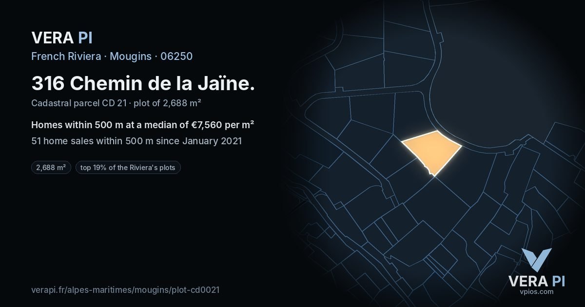 316 Chemin de la Jaïne, Mougins at night – the plot lit, the parcels around coloured by the prices near them
